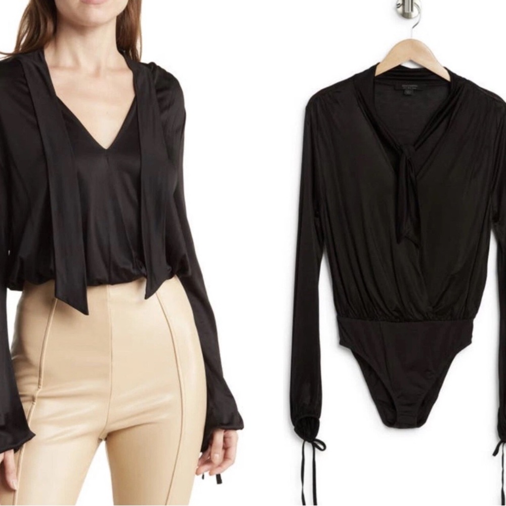 NWT Allsaints Black Tie Front Bell Sleeve Bodysuit US8